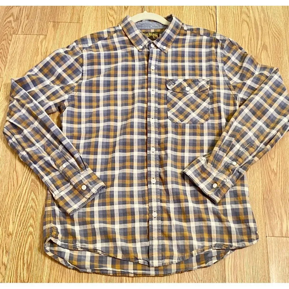 True Religion Men's Button Down Shirt Sz L Long Sleeve Blue Brown‎ Checkered